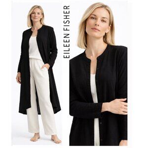 Eileen Fisher Black Crinkle Duster Cardigan Button Front Gauze Lightweight M